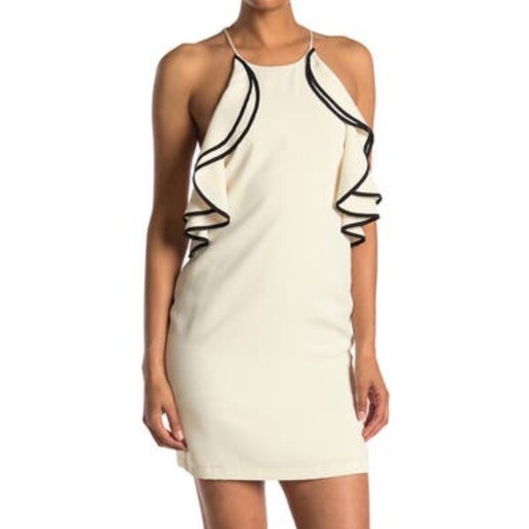 NEW HALSTON Women Ivory High Halter Black Border Ruffle Mini Dress - Picture 2 of 5